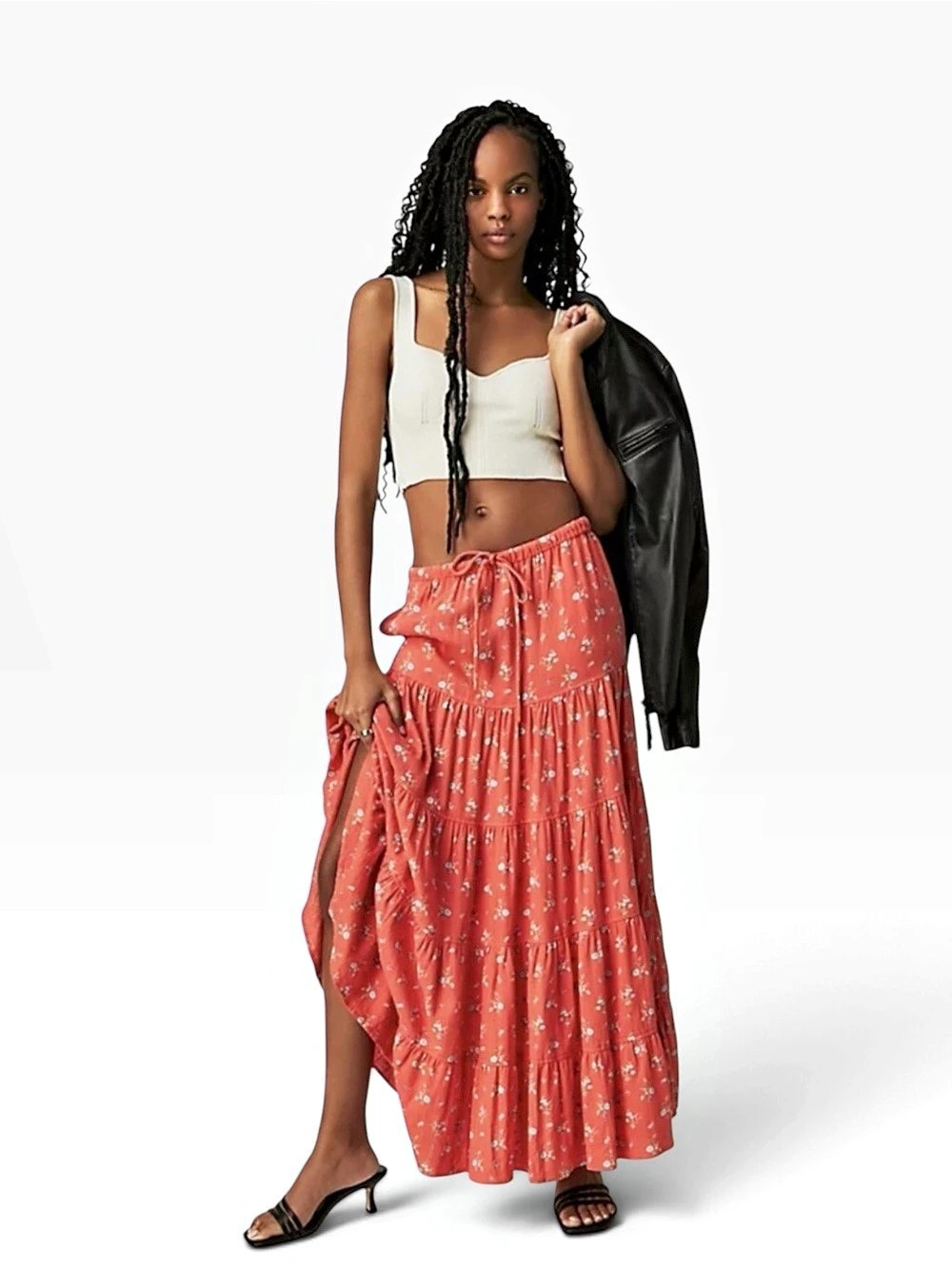 Free People Tiered Maxi Skirt red with flowers, XS, NWT